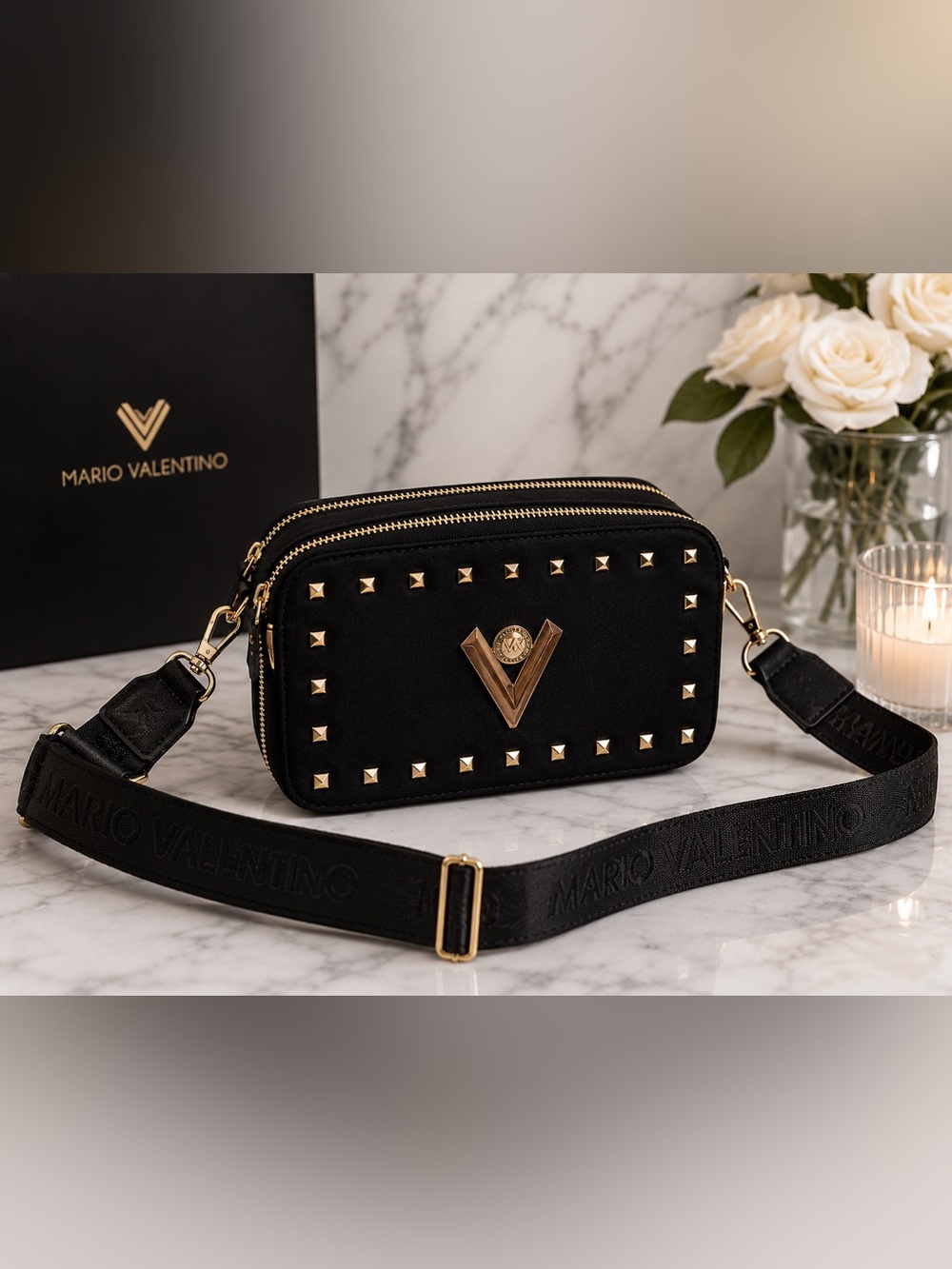 Valentino by Mario Valentino Black Studded V Logo Crossbody Bag